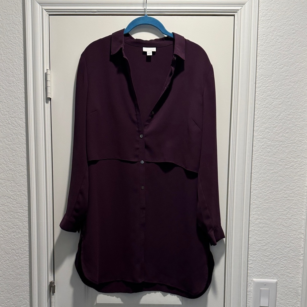 Deep burgundy button down, tiered tunic, long sleeves button sleeves